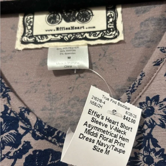 NWT Effie's Heart Tan Dress with Navy Floral Print - Picture 3 of 5